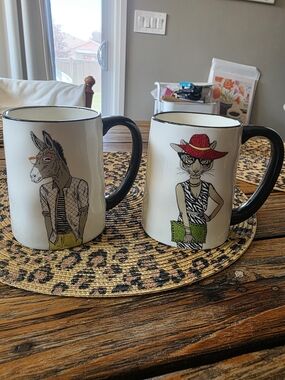 Ceramic Animal Illustration Mug - White Body with Black Handle